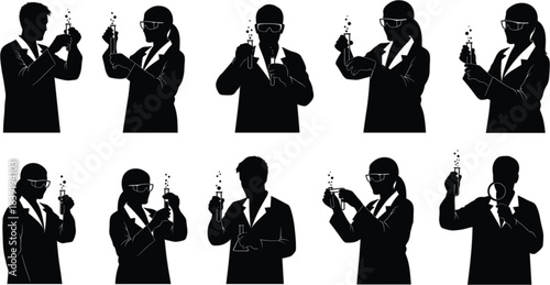 Scientist silhouette illustration, lab coat figure, experiment tools, safety goggles, research activity, vector graphic, science theme, art, academic job