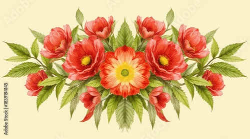 A vibrant, hand-painted watercolor illustration featuring a symmetrical arrangement of lush red and orange poppy flowers and detailed green foliage. 