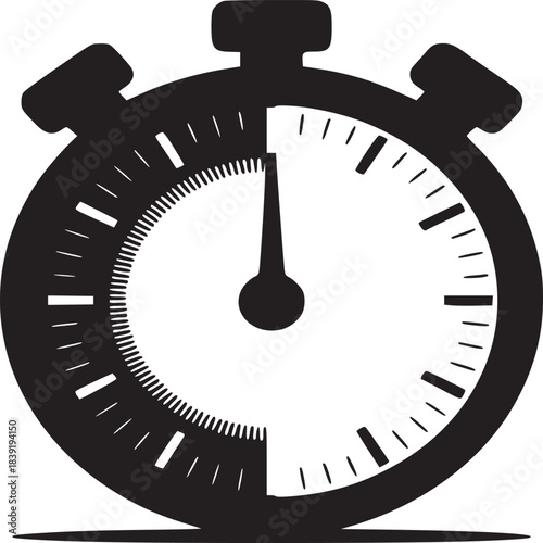A black and white illustration of a stopwatch with a short hand and half shaded face design