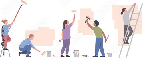 Cartoon painting team illustration with rollers, ladders, and stools for renovation, collaboration, and home improvement themes.