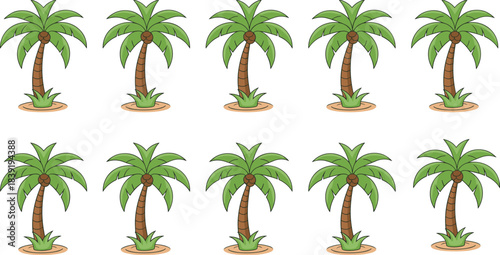 Cartoon palm tree set with sandy base and green fronds for tropical, decorative, and educational nature themes.