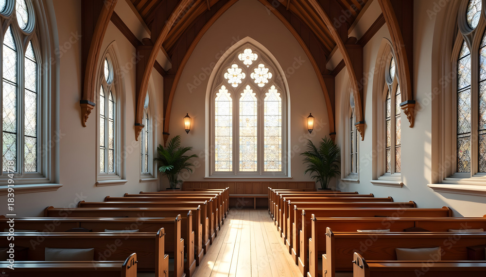 Fototapeta premium Interior of a charming chapel with wooden pews and Gothic windows, serene atmosphere, natural light 