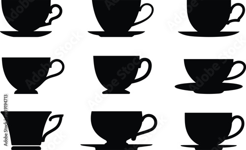Cartoon teacup silhouette grid with varied cup and saucer designs for kitchenware, beverage, and lifestyle themes.