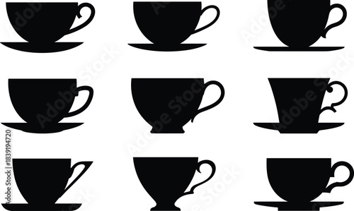 Cartoon teacup silhouette set with varied cup and saucer designs for kitchenware, beverage, and lifestyle themes.