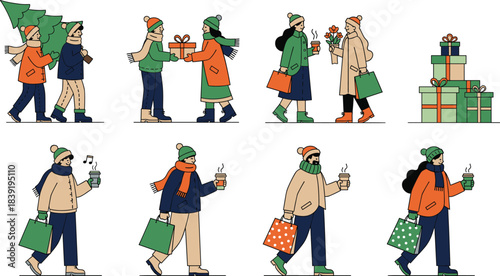 Cartoon winter holiday activity set with festive characters shopping, gifting, singing, and celebrating for seasonal and lifestyle themes.Cartoon winter holiday activity set with festive characters sh