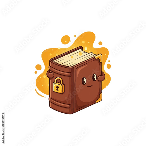 Cute cartoon locked spell book mascot with happy expression and glowing magical background design