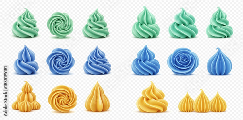 Set of colorful whipped cream swirls in various shapes and colors for desserts and pastries.