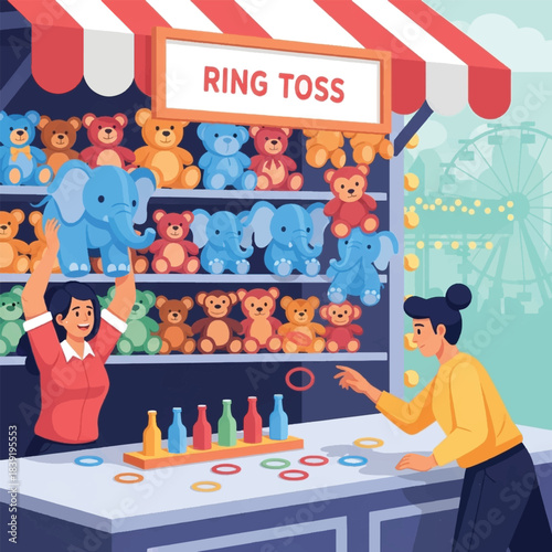 Two women enjoying a classic ring toss game at a vibrant carnival fair, surrounded by colorful stuffed animal prizes and a festive atmosphere.