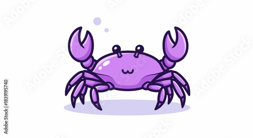 Cute cartoon crab with purple color and adorable smiling face in the ocean.