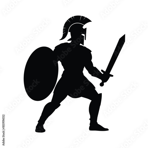 Silhouette of a spartan warrior figure in a fighting stance with sword and shield