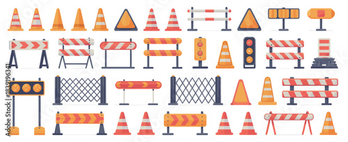 Collection of Road Barriers and Traffic Signs, Safety and Construction Sites Vector Set