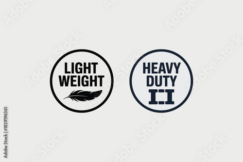Black and white product labels with feather icon and weight classification in simple typography for packaging design