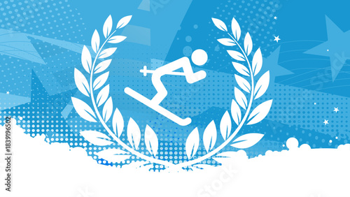 Winter sports banner background, ski racer with laurel wreath award