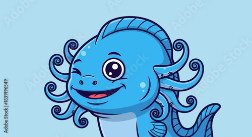 Charming blue sea creature winking with a delightful smile, cartoon illustration.