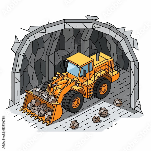 Heavy-duty front-end loader excavating rocks inside a mine tunnel.