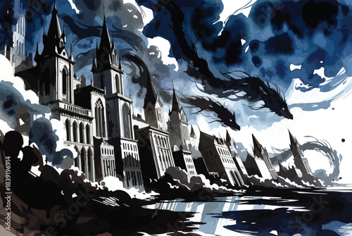 Ominous shadow dragons over gothic seaside cityscape at dusk
