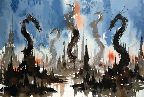 Surreal dragon spirits rising over a ruined fantasy city
