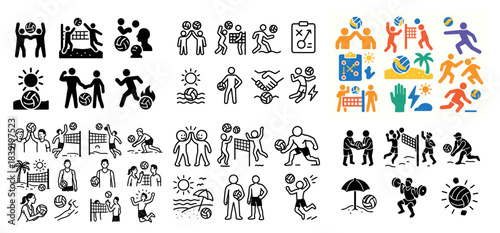 Cartoon volleyball scenes in various styles