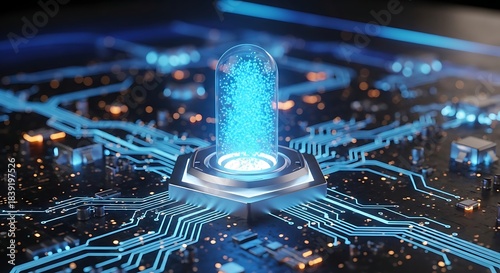 Wallpaper Mural Futuristic data processing concept showcasing a glowing particle structure on a circuit board demonstrating connectivity Torontodigital.ca