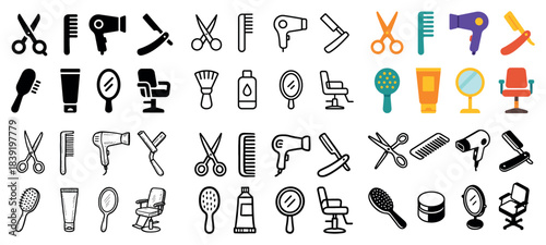 Varied hairdressing tool icons in different styles