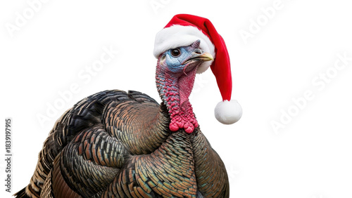 Wild Turkey Wearing Red Santa Hat for Christmas Holiday Celebration isolated PNG with Transparent Background