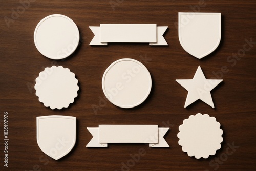 White blank badge, ribbon, star and shield shapes with soft shadows on wooden surface in top view layout for design template or branding concept. Ai generative