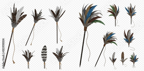 Set of various shamanic ritual feather wands and accessories for spiritual practices.