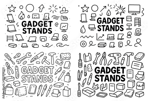 Gadget stands with tools and accessories doodles