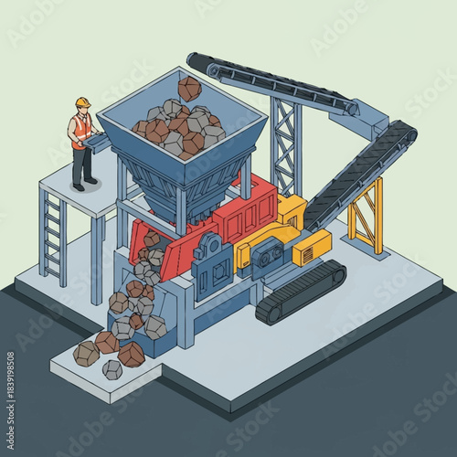 Industrial Crusher Machine Processing Rocks and Debris.