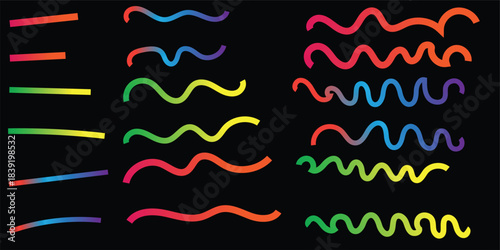 Set of Wavy Neon Gradient Lines on Black | Abstract Curved Light Trails, Colorful Graphic Design Elements, Vibrant Swirls and Zigzags.