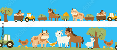 Farm animals border template on blue background. Cartoon cow, goat, horse and hen with chickens, tractor and tree. Domestic animals border for wallpapers, stickers, wrapping.