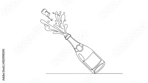 A minimalist line drawing depicts a champagne bottle with its cork popping out and a splash of liquid erupting from the opening.