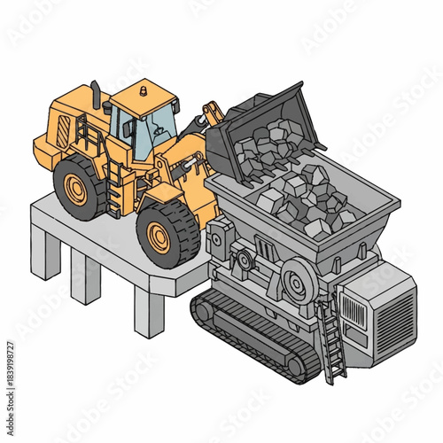 Construction equipment loading rocks into a crusher machine.