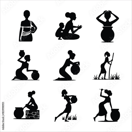 Nine village females fetching and balancing water vessels