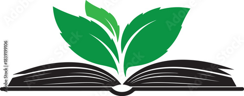 Open book with green leaves growing from pages symbol for education and nature growth.