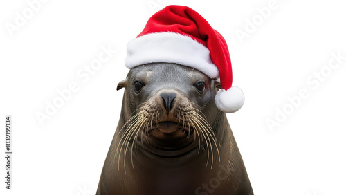 Cute Sea Lion Wearing a Red Santa Hat for Christmas Holiday Celebration isolated PNG with Transparent Background
