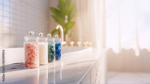 自然光が差し込む明るいバスルームの大理石の上に並べられたカラフルなバスソルトのガラス瓶