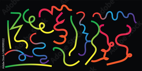 Abstract Neon Glowing Wavy Lines on Black Background | Colorful Digital Art, Futuristic Wave, Vibrant Light Trails Vector Illustration.