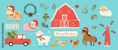 Christmas farm animals and farmhouse, red car with spruce tree, windmill with xmas decorations. Christmas cartoon stickers with domestic animals and birds. Horse, cow and pig in santa hat. xmas plants