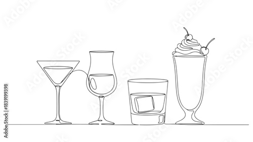 A minimalist line drawing showcases four distinct glasses filled with beverages, including a martini, a cordial, a rocks glass with ice, and a sundae.