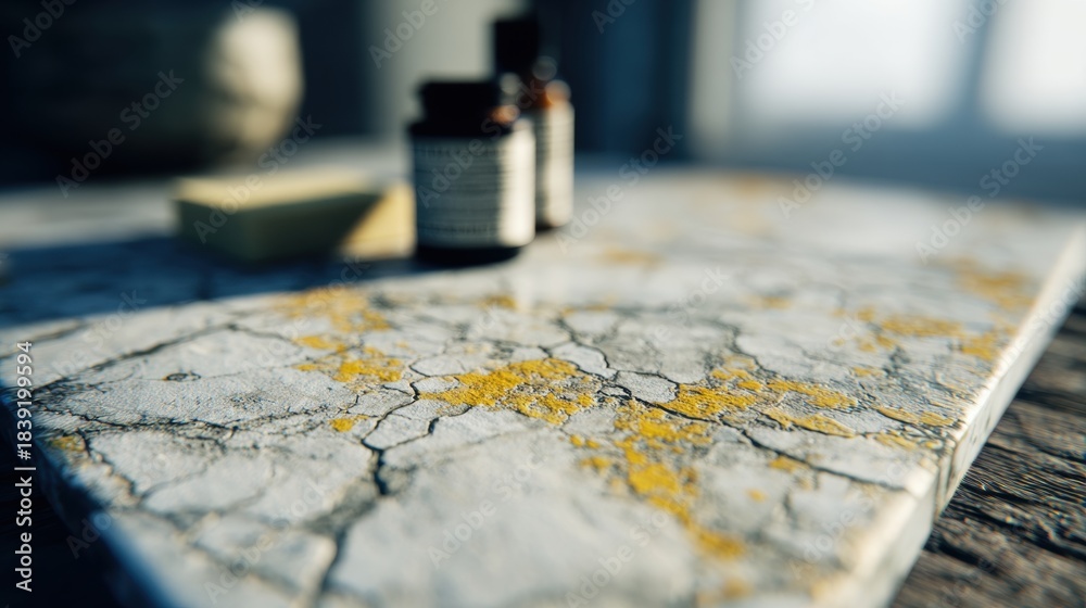 Naklejka premium Focus on small items with cracked marble and yellow details on a table