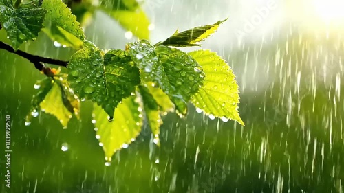 Gentle Spring Rain on Fresh Green Leaves with Water Droplets