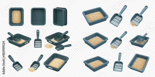 Set of realistic cat litter boxes and scoops with sand for pet hygiene and care.