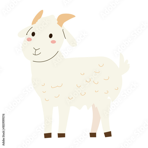 Cartoon goat isolated. Cute goat in children style. Kids vector illustration. Farm animal - milk character on transparent background. For logo, mascot, kids book.