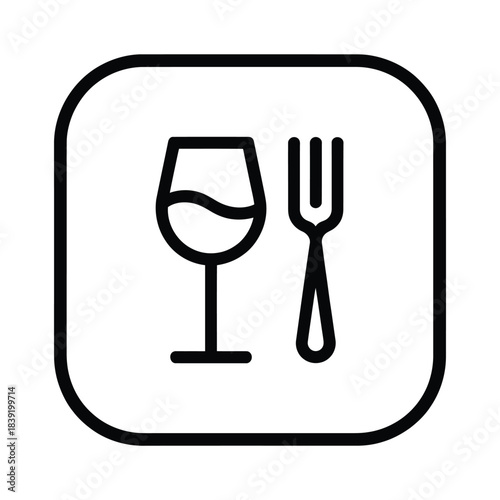 A minimalist icon featuring a wine glass and a fork, symbolizing dining establishments and food service