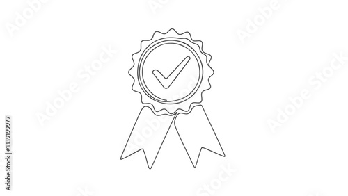 A simple line drawing of a circular award ribbon with a checkmark inside.