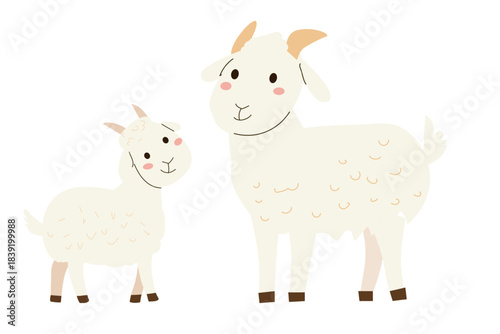 Adorable cute goat with baby kid in cartoon vector style. Farm animal illustration perfect for children's books, agricultural projects, and playful graphics.