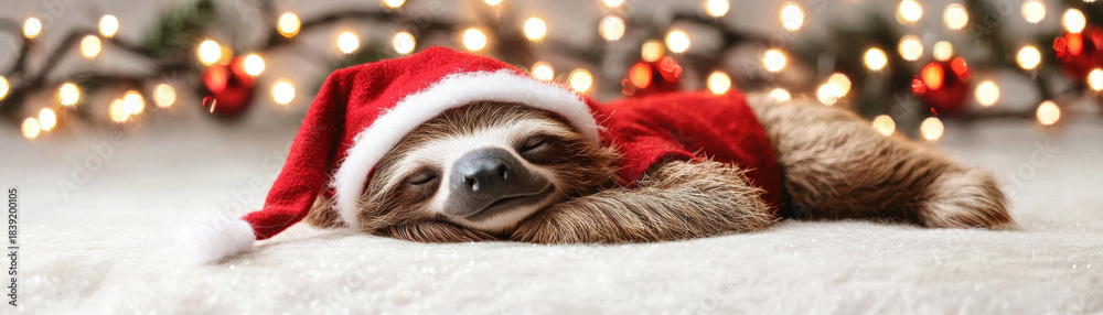 Naklejka premium Sloth wearing red santa hat and costume lies on soft white carpet with christmas lights and ornaments in background