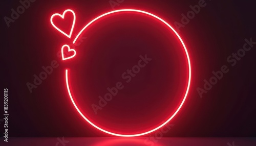 Valentine Day Concept. A glowing red neon circle with two hearts, creating a romantic and modern ambiance against a dark background.