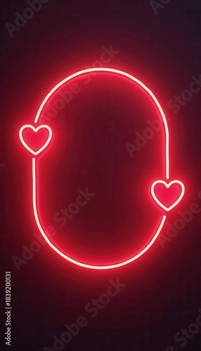 Valentine Day Concept. A glowing red neon sign featuring an oval shape intertwined with two heart symbols, creating a romantic and vibrant atmosphere.
